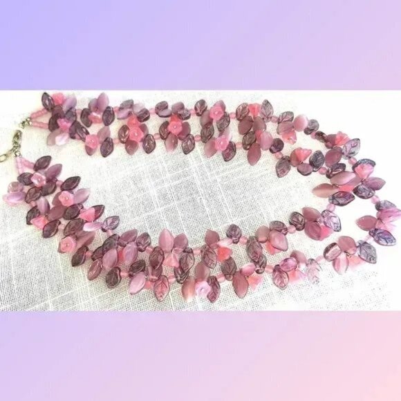 Purple flowers and leaves beaded necklace purple pink - Picture 2 of 9